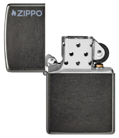 Zippo Classic Grey Zippo Logo Windproof Lighter with its lid open and unlit.