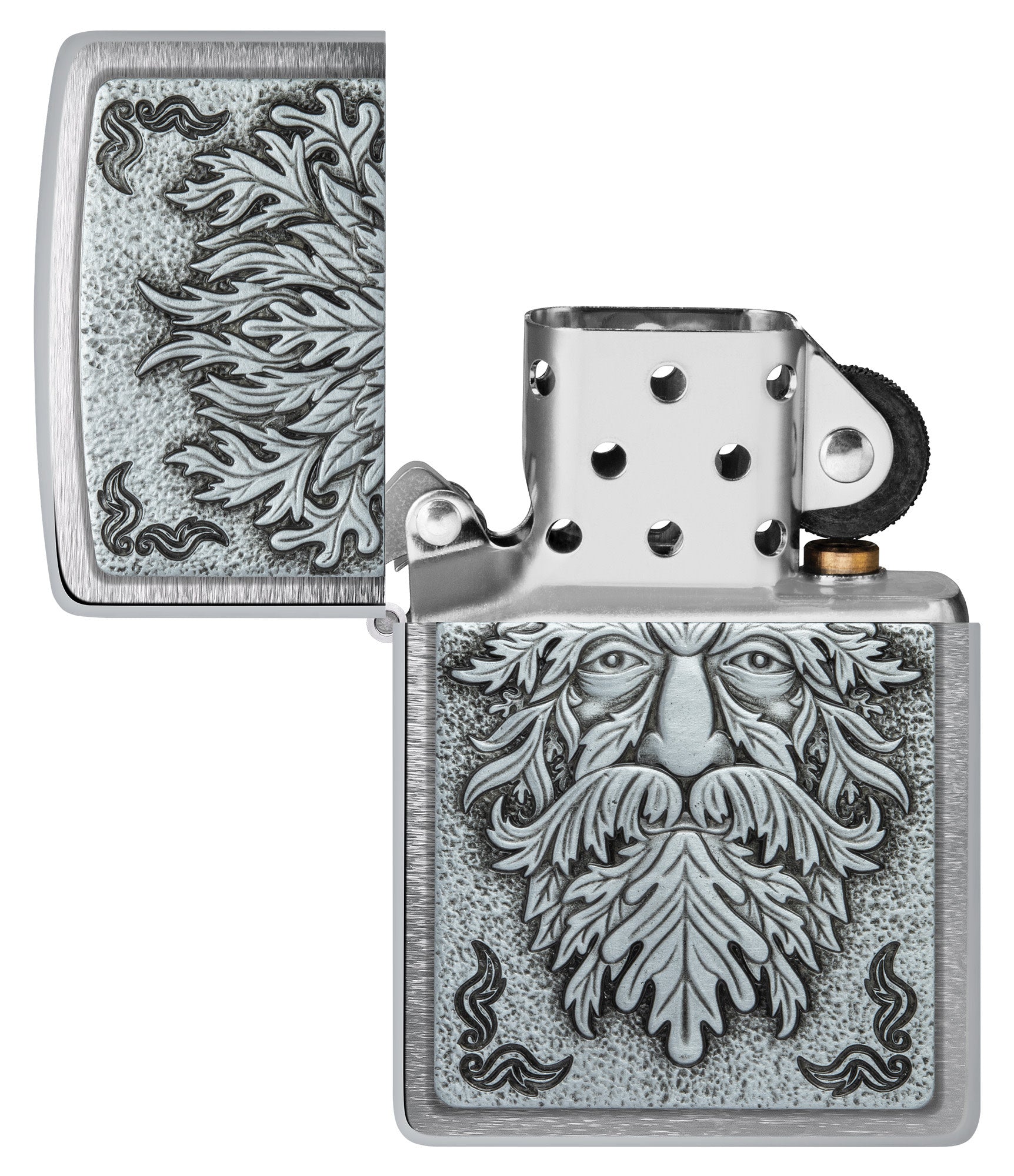 Zippo Greenman Emblem Brushed Chrome Windproof Lighter with its lid open and unlit.