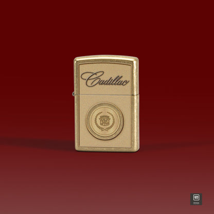 Lifestyle image of Zippo Cadillac Crest Design Street Brass Windproof Lighter standing with a maroon background. 

