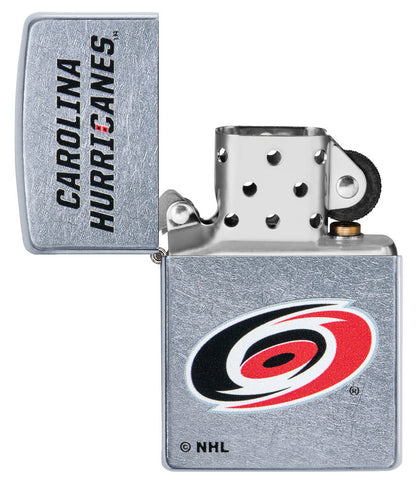 NHL Carolina Hurricanes Street Chrome™ Windproof Lighter with its lid open and unlit