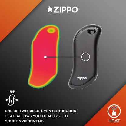 Graphic of Black HeatBank® 9s Rechargeable Hand Warmer showing the one or two sided heat.