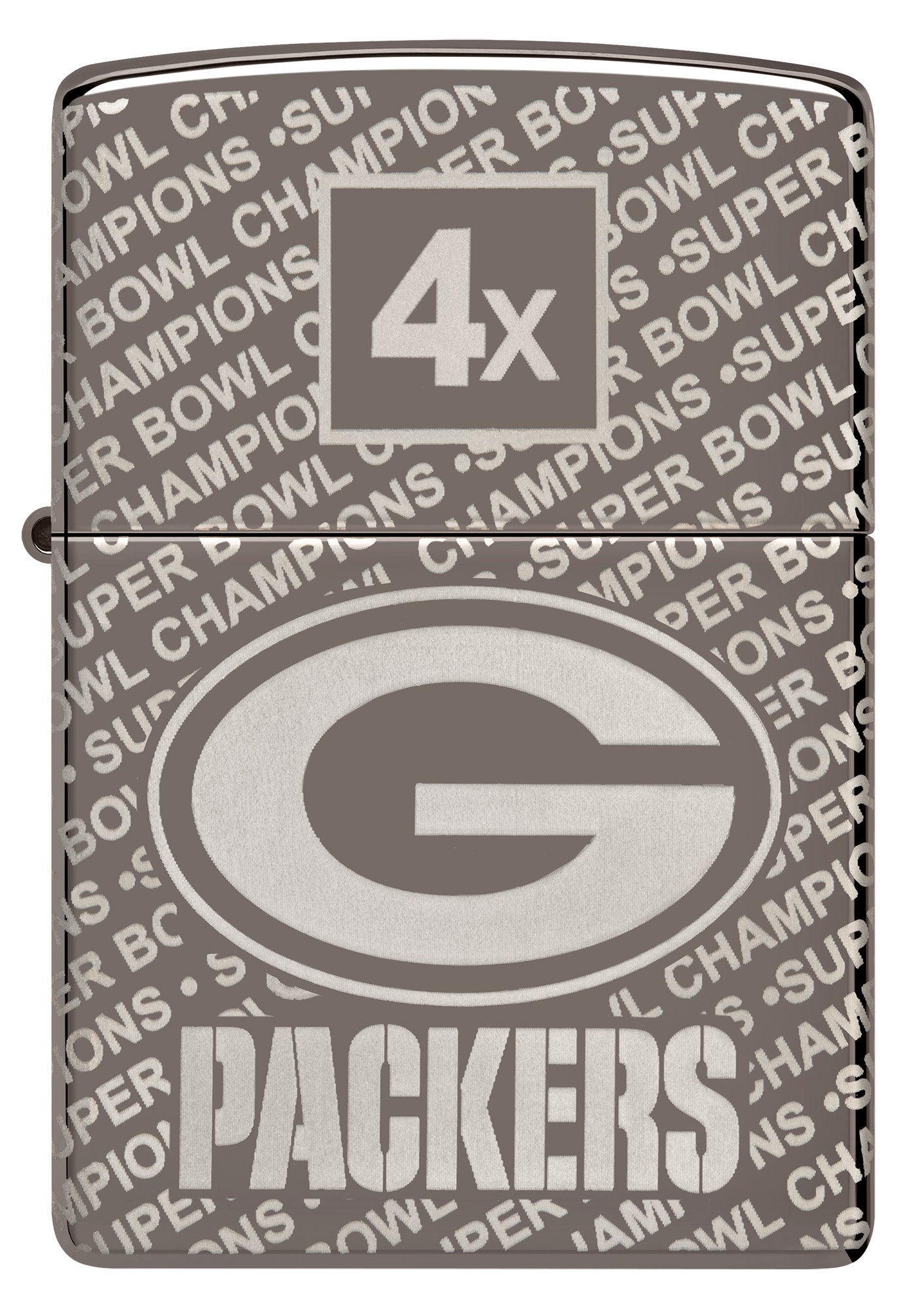 Front shot of Zippo NFL Green Bay Packers Super Bowl Commemorative Armor Black Ice Windproof Lighter.