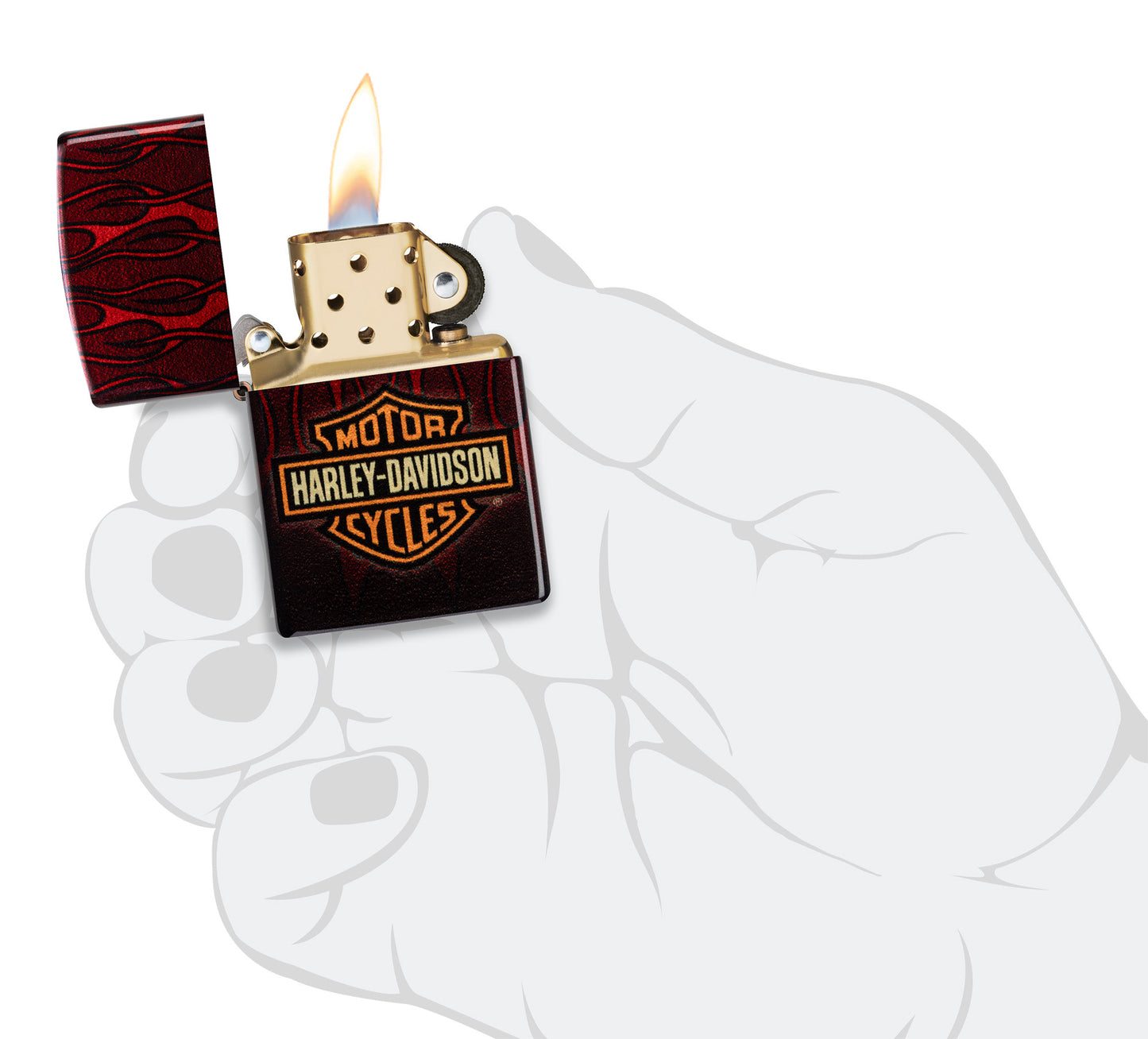 Zippo Harley-Davidson® 540 Tumbled Brass Windproof Lighter lit in hand.