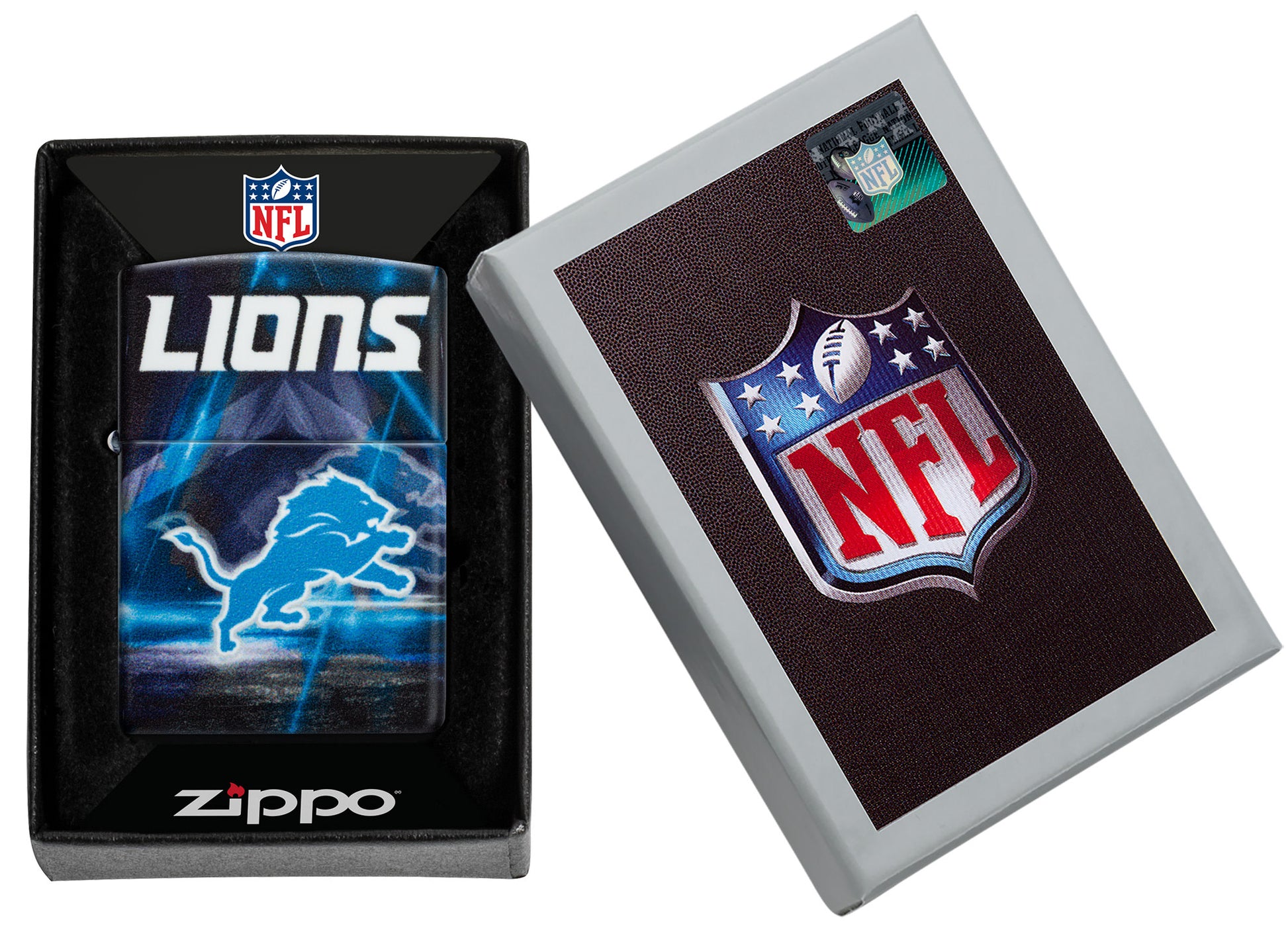 Zippo NFL Detroit Lions 540 Matte Windproof Lighter in its packaging.