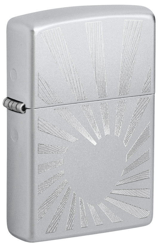 Front shot of Zippo Love Radiates Design Satin Chrome Windproof Lighter standing at a 3/4 angle.