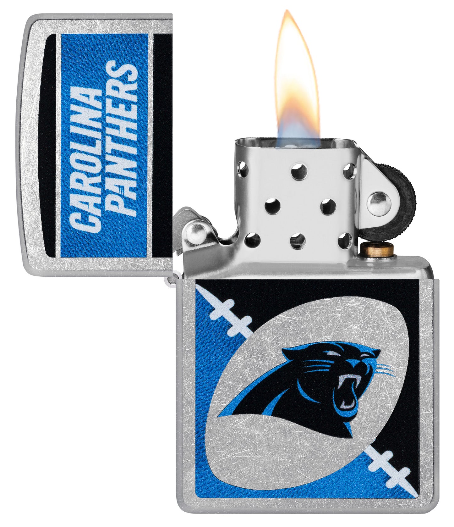 Zippo NFL Carolina Panthers Street Chrome Windproof Lighter with its lid open and lit.