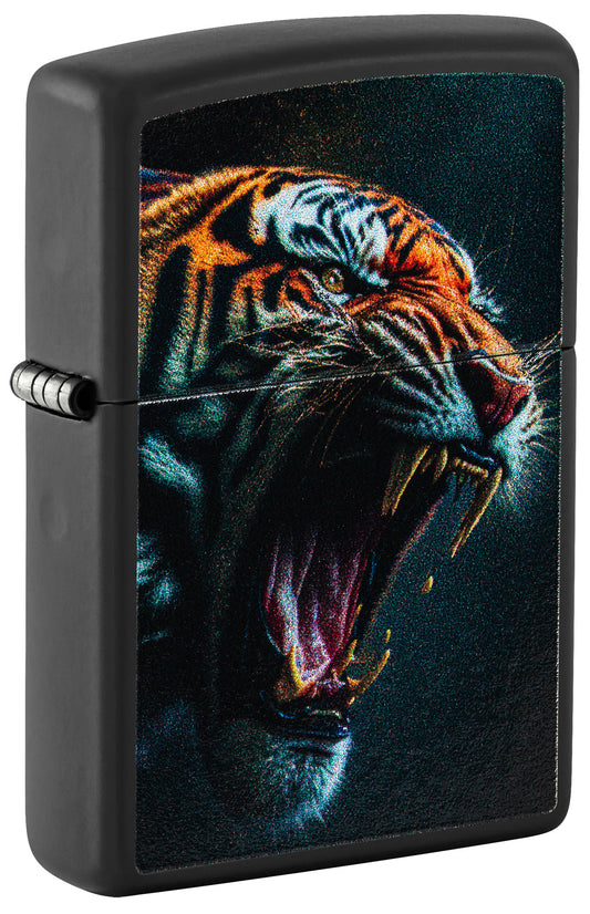 Front view of Zippo Tiger Roar Design Black Matte Windproof Lighter standing at a 3/4 angle.