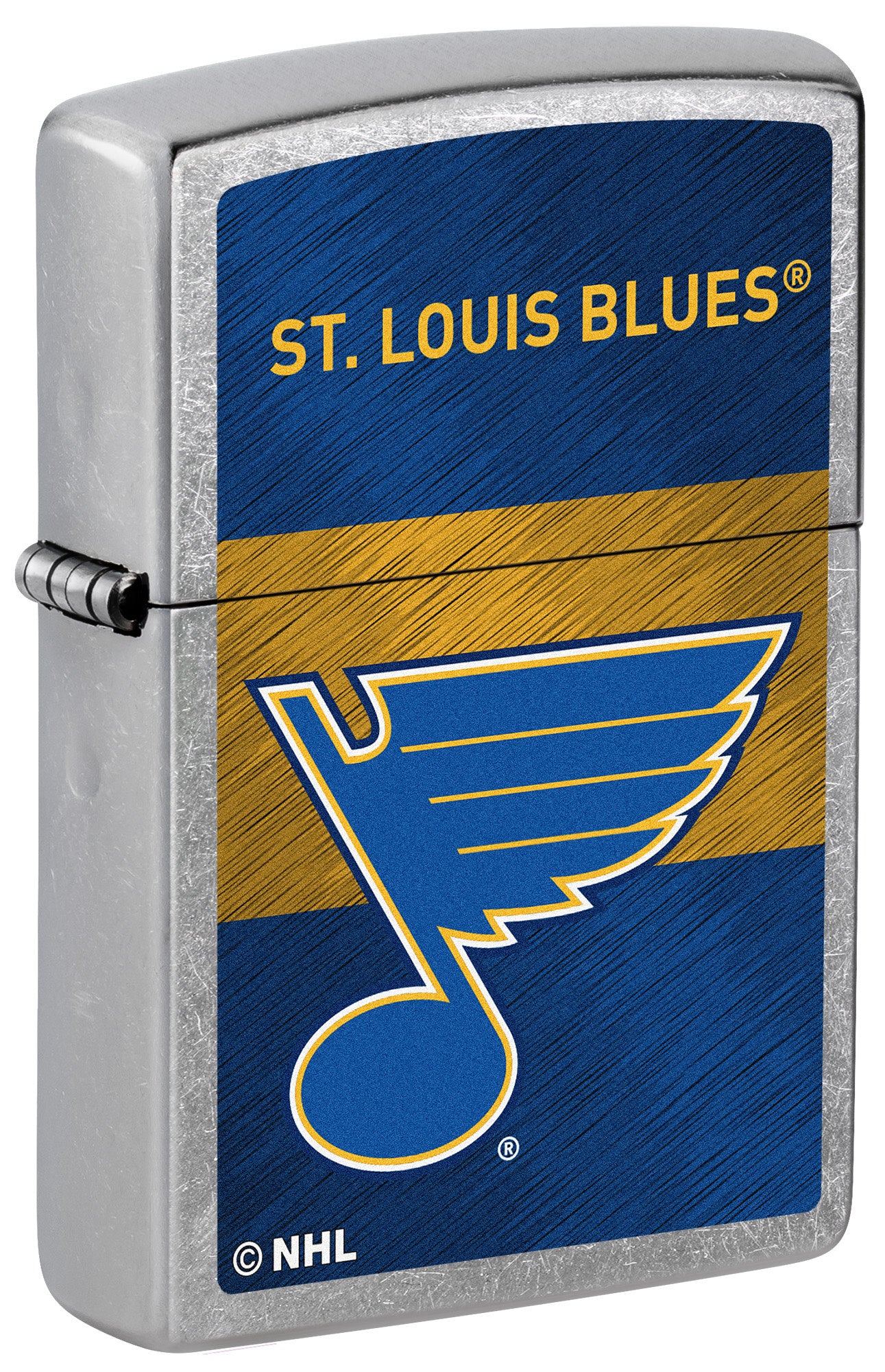 Front shot of NHL® St Louis Blues Street Chrome™ Windproof Lighter standing at a 3/4 angle