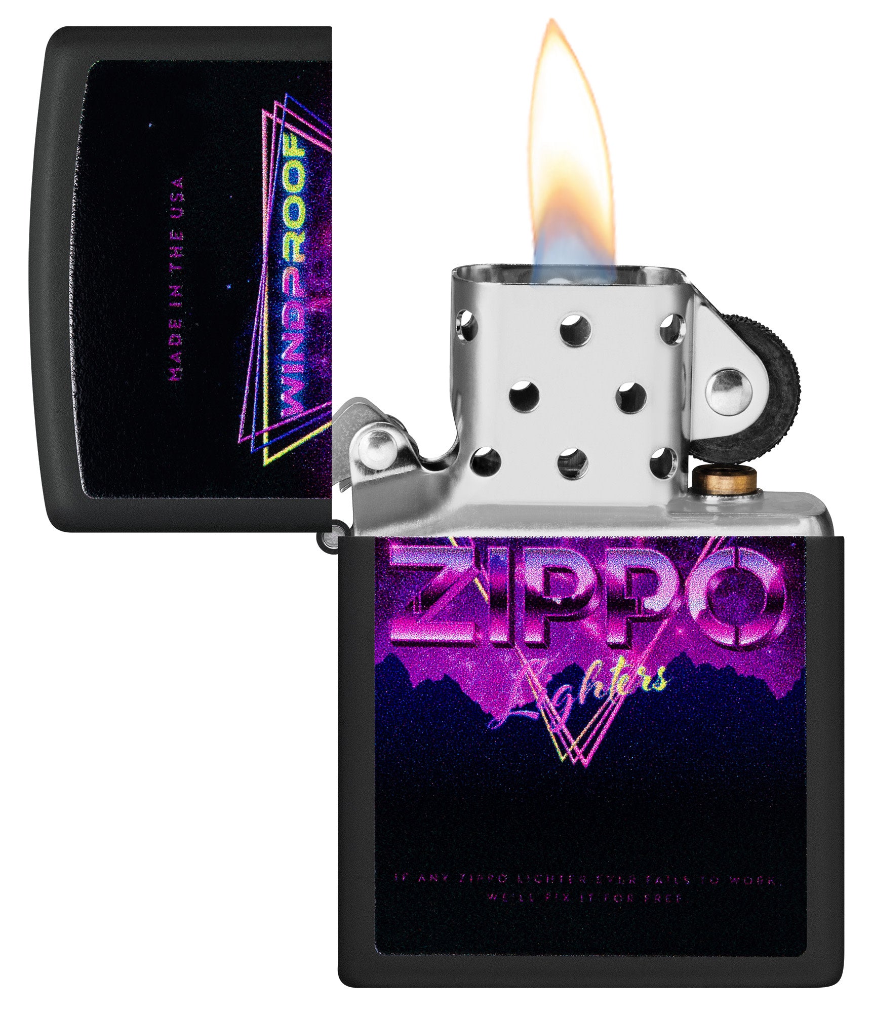 Zippo Sign Design Black Matte Windproof Lighter with its lid open and lit.