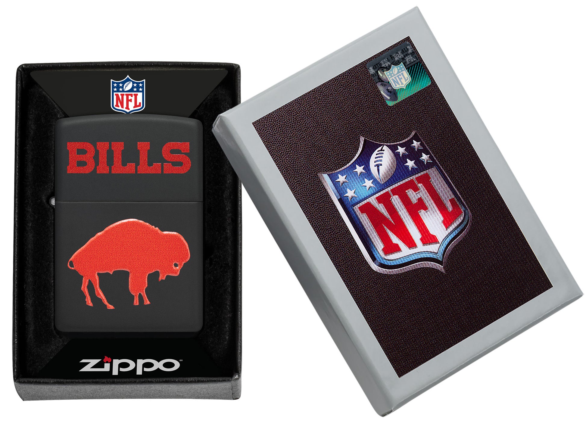 Zippo 2024 NFL Buffalo Bills Exclusive Black Matte Windproof Lighter in its packaging.