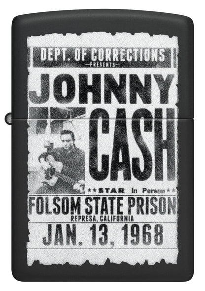 Front view of Zippo Johnny Cash Folsom State Prison Poster Design Black Matte Windproof Lighter.