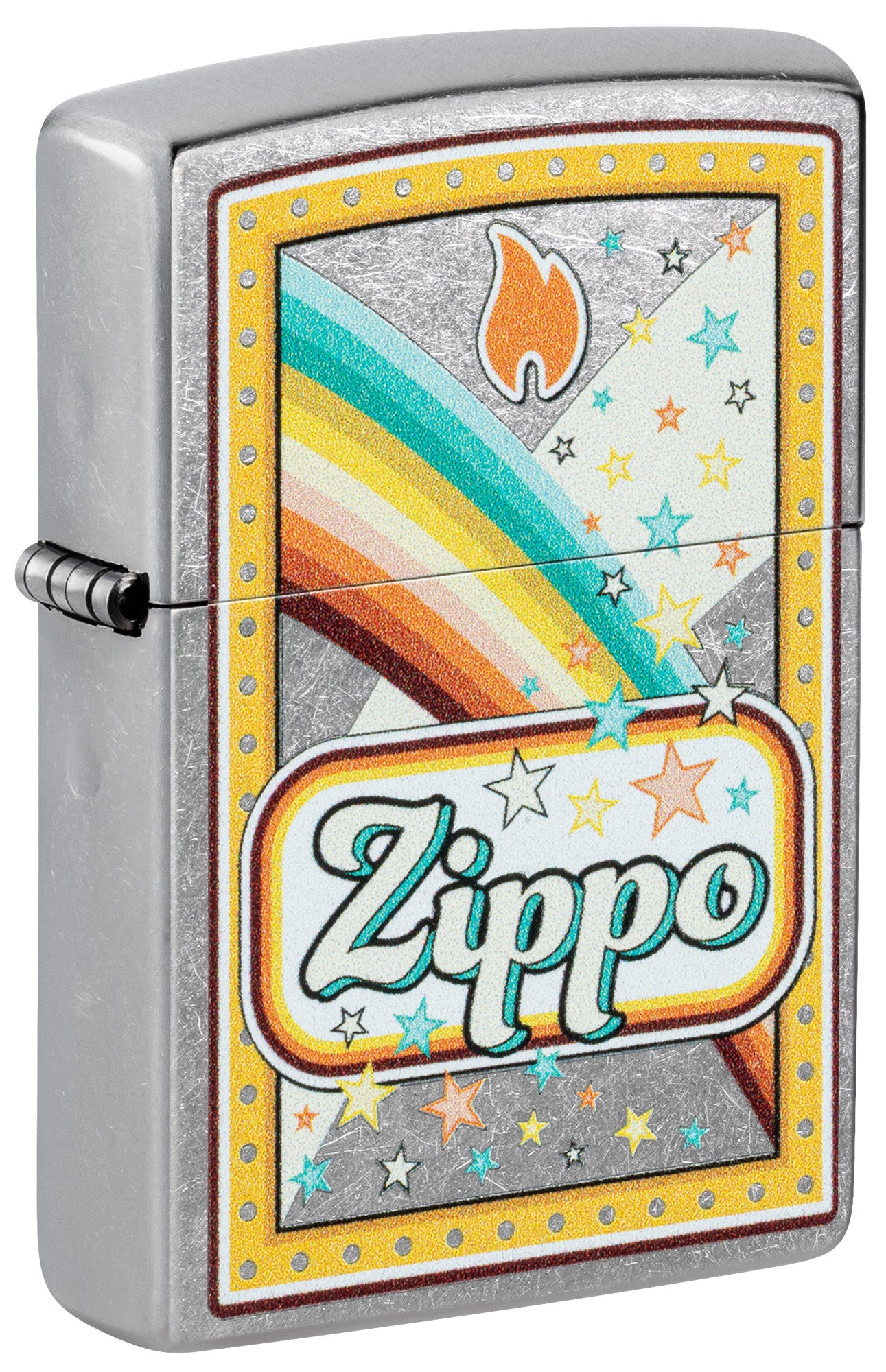 Front shot of Zippo Candy Design Chrome Windproof Lighter standing at a 3/4 angle.