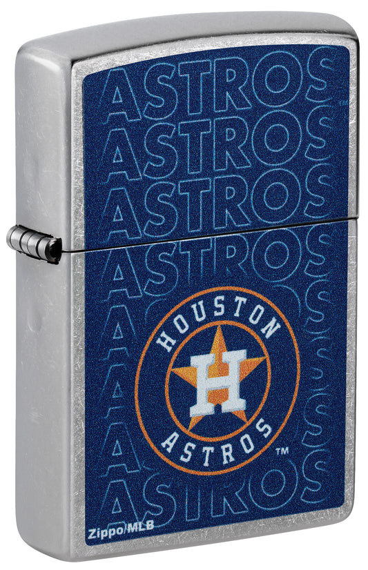 Front shot of Zippo MLB® Houston Astros Street Chrome Windproof Lighter standing at a 3/4 angle.