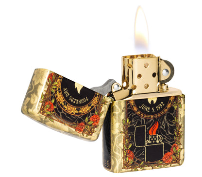 Angled shot of Zippo 2025 Founder's Day Collectible 540 Tumbled Brass Windproof Lighter with its lid open and lit.