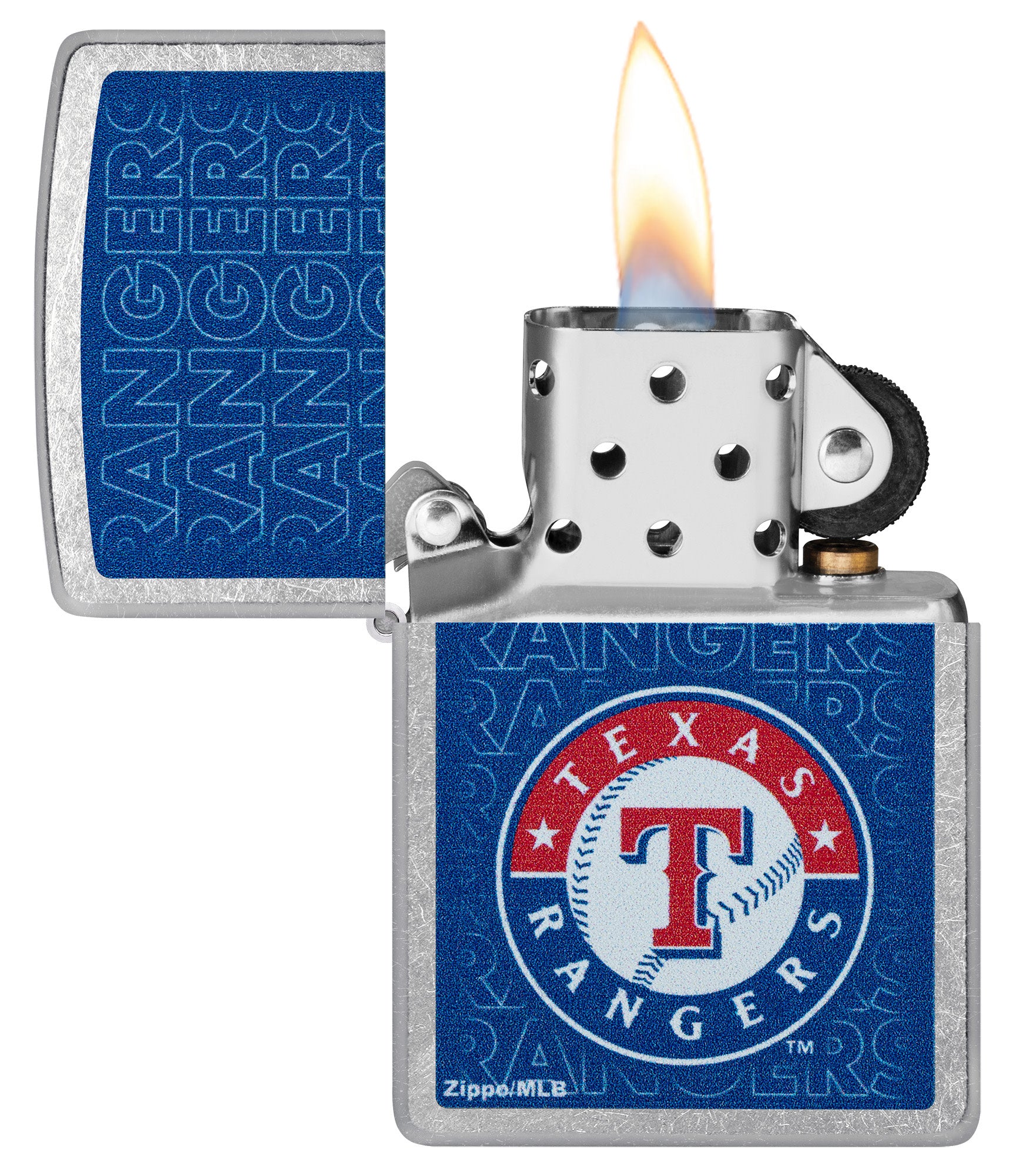 Zippo MLB® Texas Rangers Street Chrome Windproof Lighter with its lid open and lit.