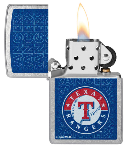 Zippo MLB® Texas Rangers Street Chrome Windproof Lighter with its lid open and lit.