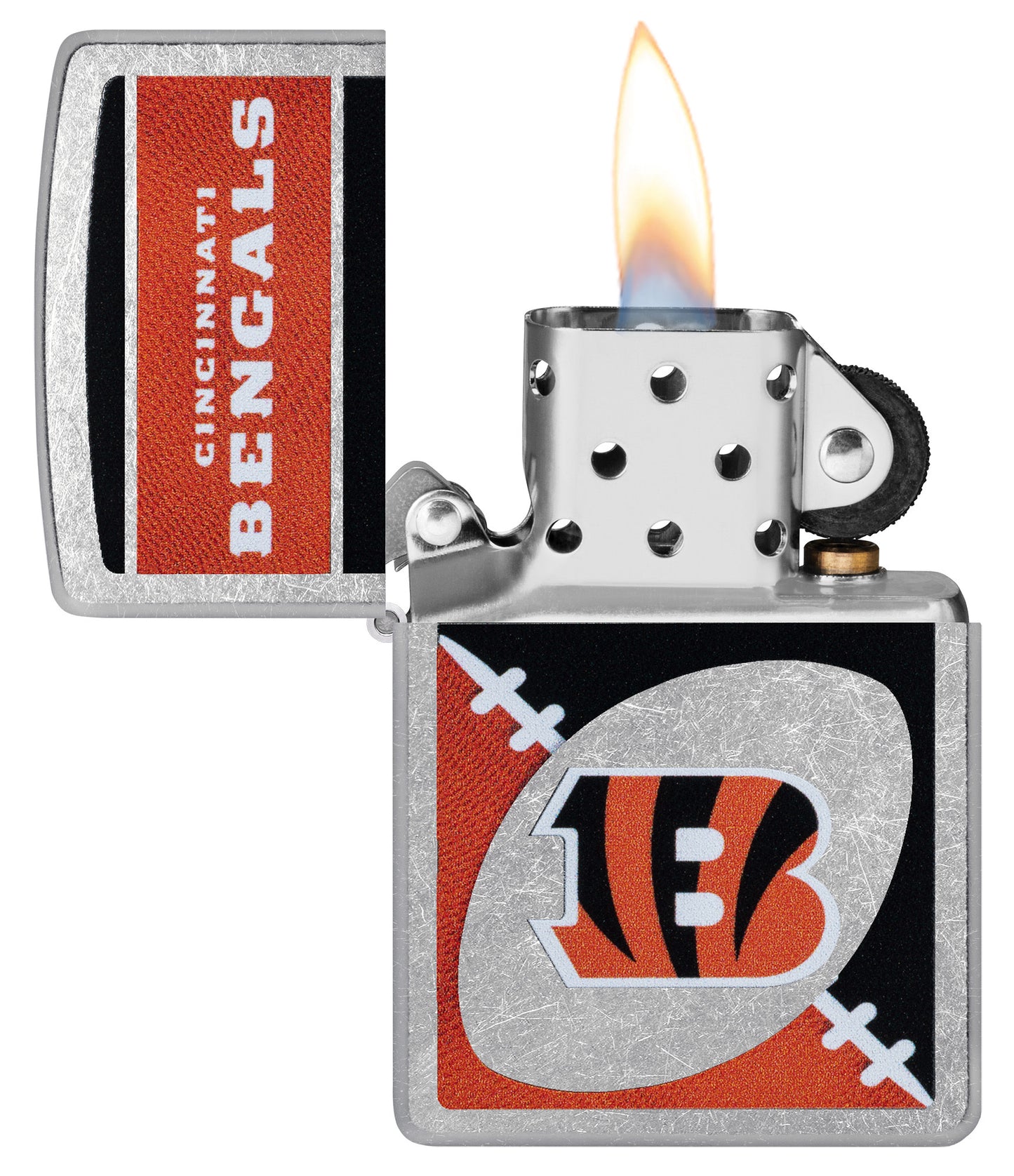 Zippo NFL Cincinnati Bengals Street Chrome Windproof Lighter with its lid open and lit.