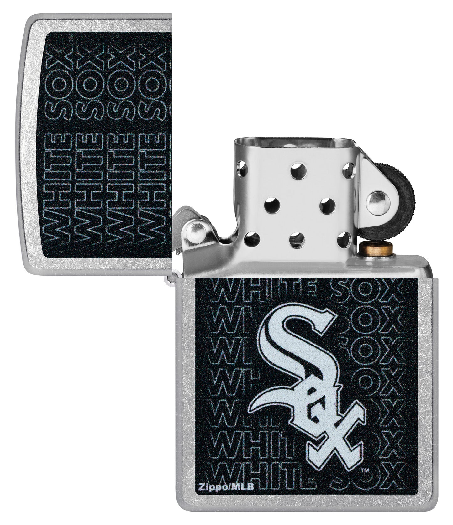 Zippo MLB® Chicago White Sox Street Chrome Windproof Lighter with its lid open and unlit.