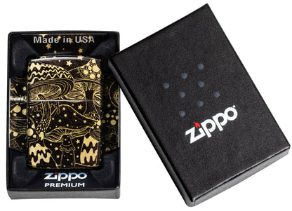 Zippo Mushroom Drift Design 540 Tumbled Brass Windproof Lighter in its packaging.