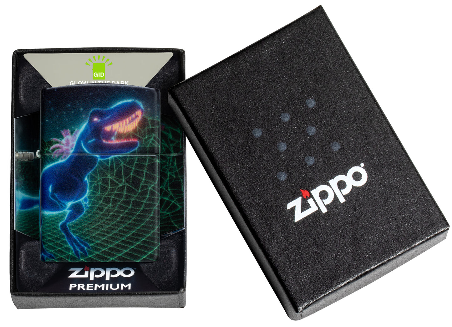 Zippo Cyber Dino Design Glow in the Dark Windproof Lighter in its packaging.