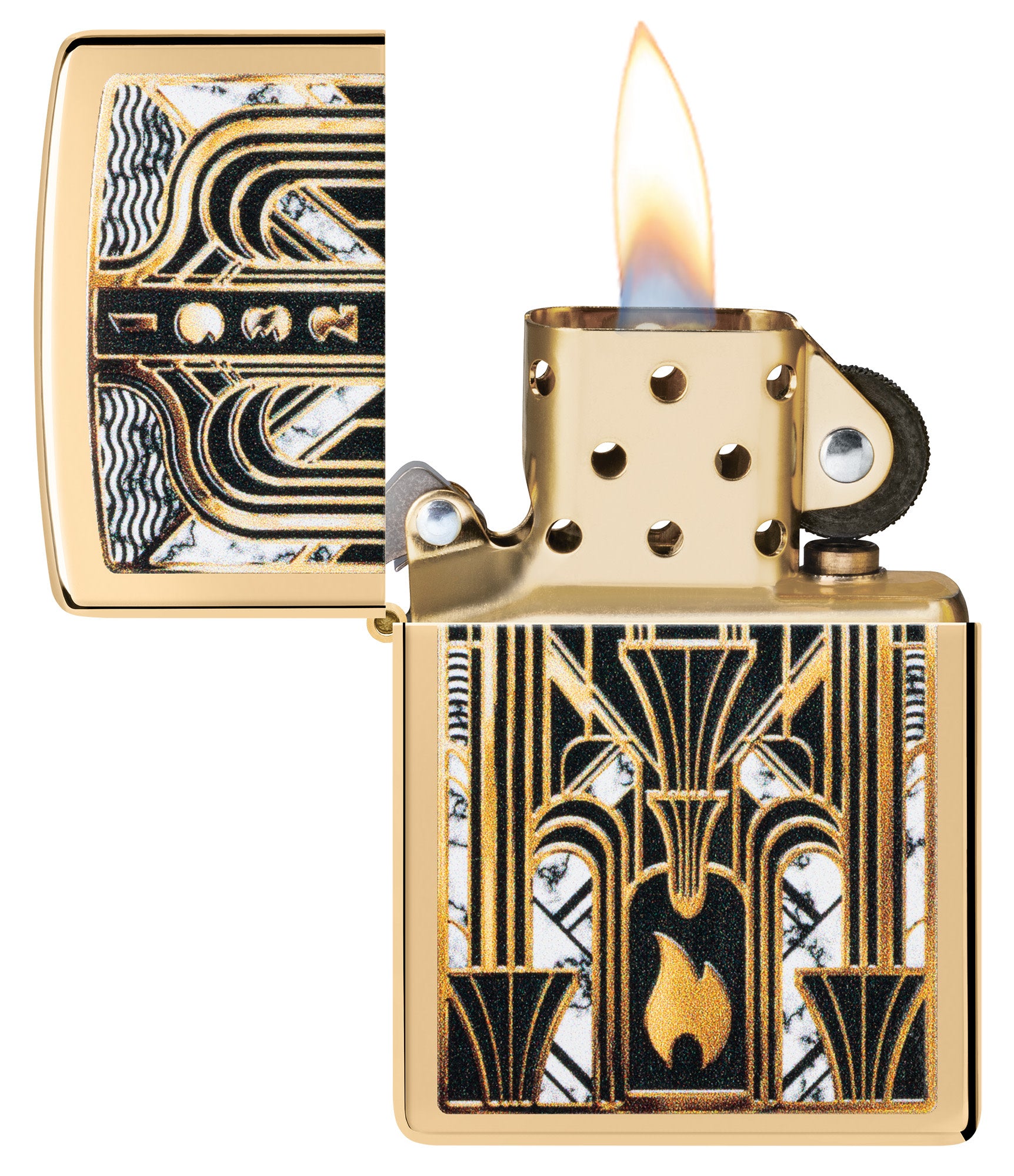 Zippo Art Deco Flame Design High Polish Brass Windproof Lighter with its lid open and lit.