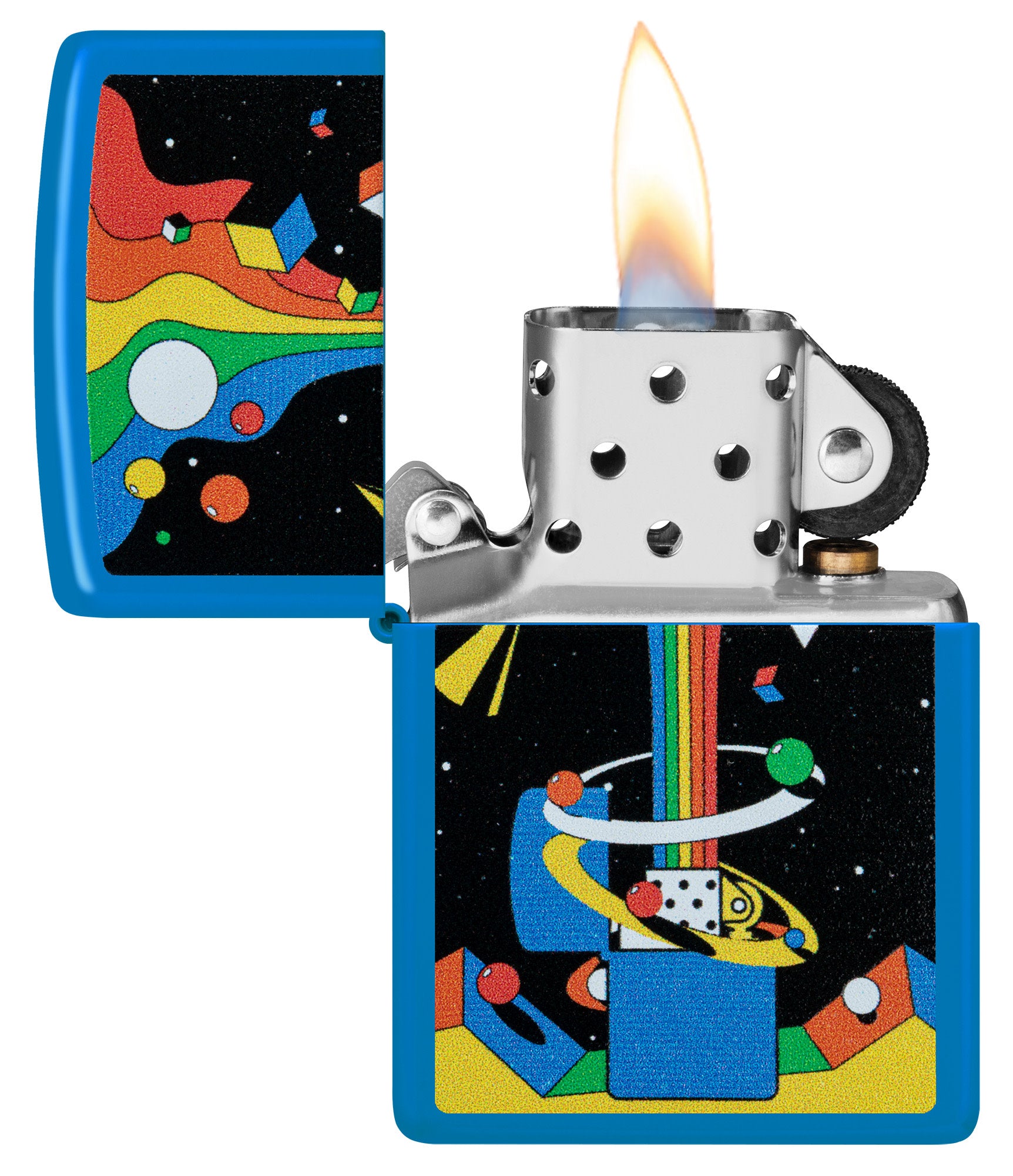 Zippo Cosmic Zippo Design Sky Blue Matte Windproof Lighter with its lid open and lit.