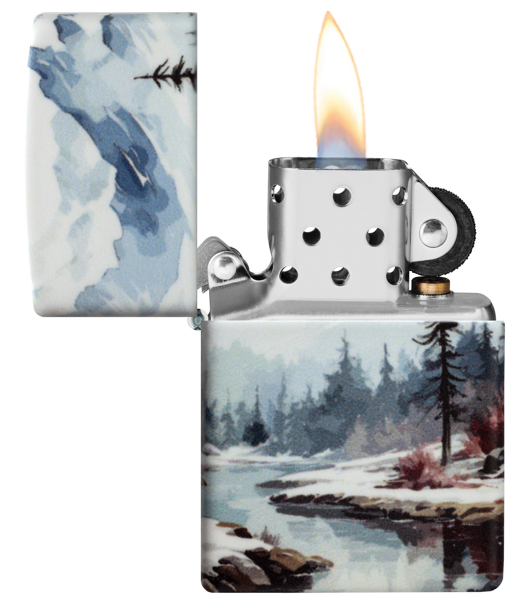 Zippo Frozen Valley Design 540 Matte Windproof Lighter with its lid open and lit.