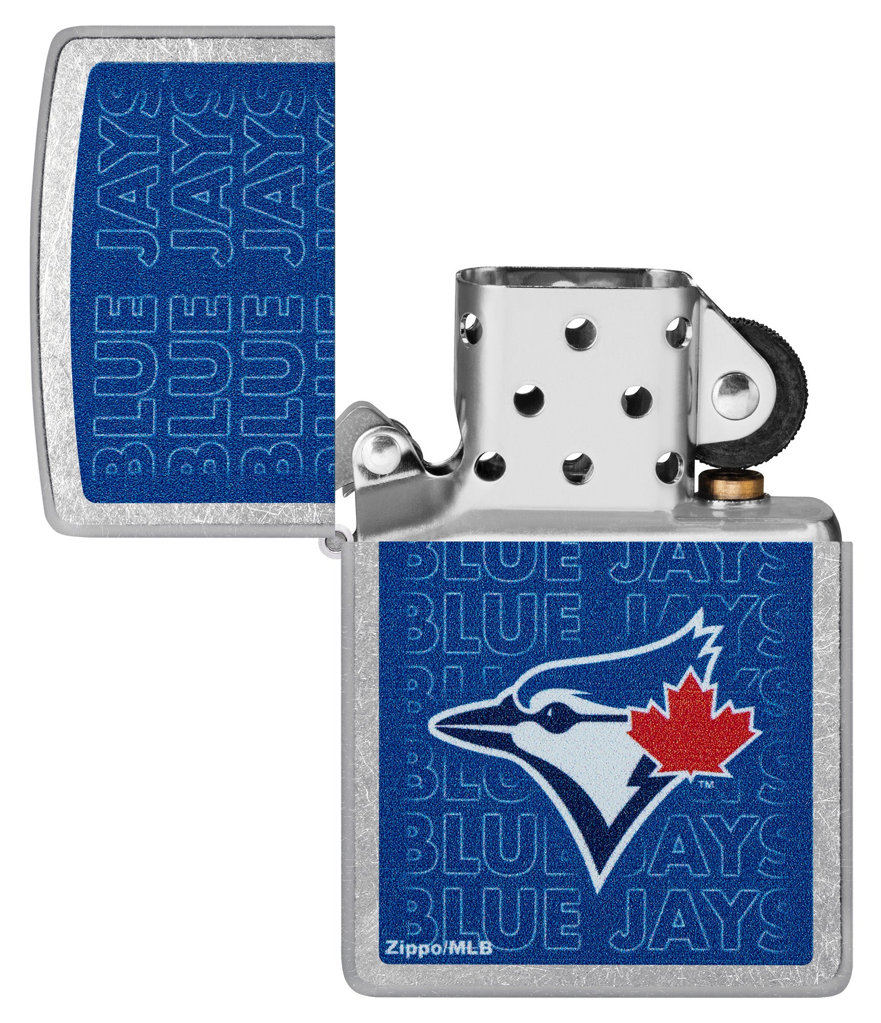 Zippo MLB® Toronto Blue Jays Street Chrome Windproof Lighter with its lid open and unlit.