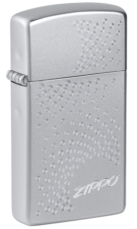 Front shot of Slim® Zippo Dot Design Satin Chrome Windproof Lighter standing at a 3/4 angle.