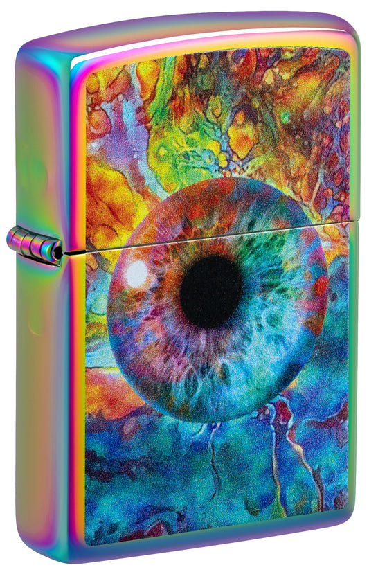 Front shot of Zippo Spacey Eye Design Multi Color Windproof Lighter standing at a 3/4 angle.