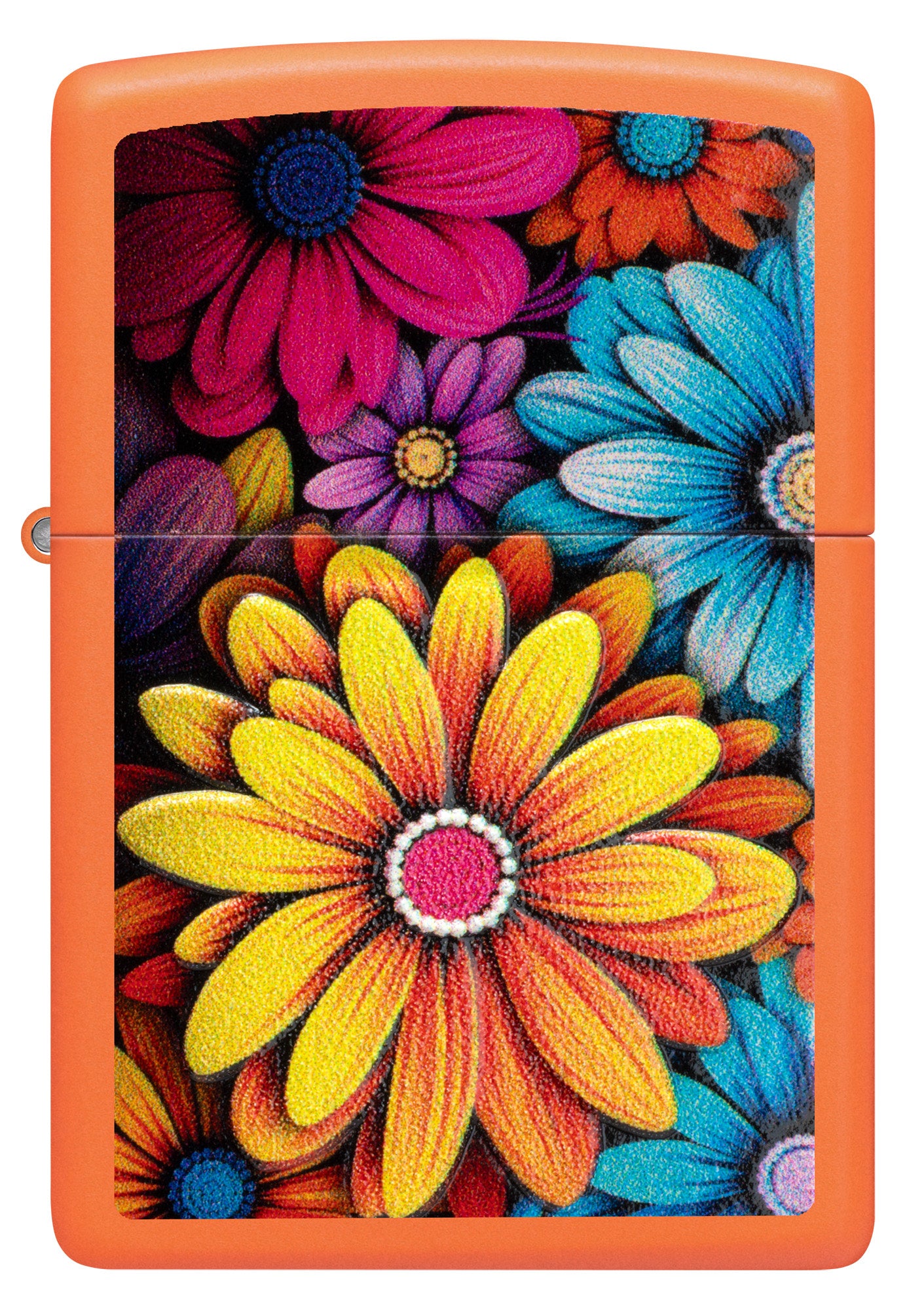 Front view of Zippo Flowers Design Orange Matte Windproof Lighter.