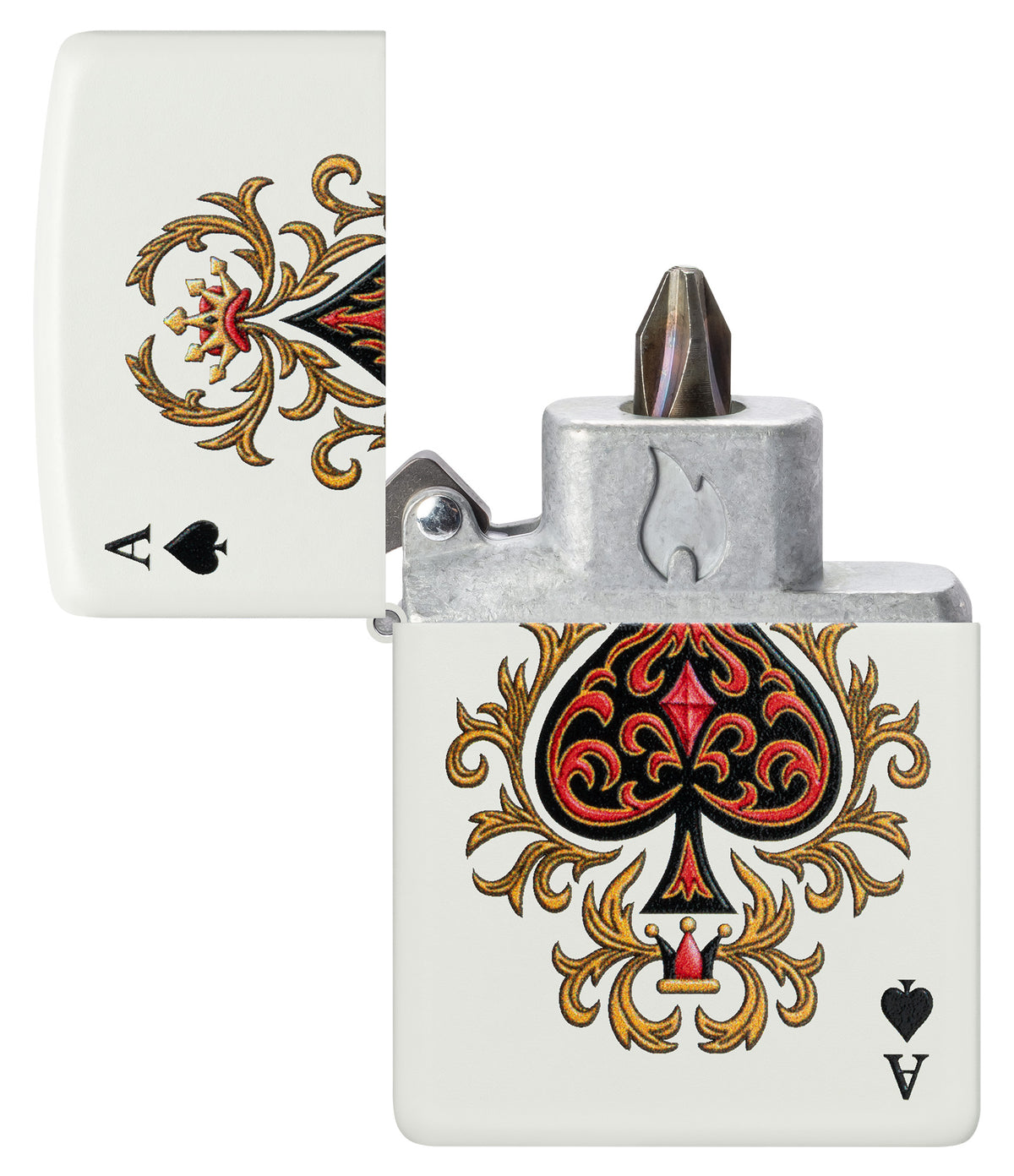 Ace of Jokes Design Windproof Lighter with its lid open and showing the Bit Safe Screwdriver USA. 