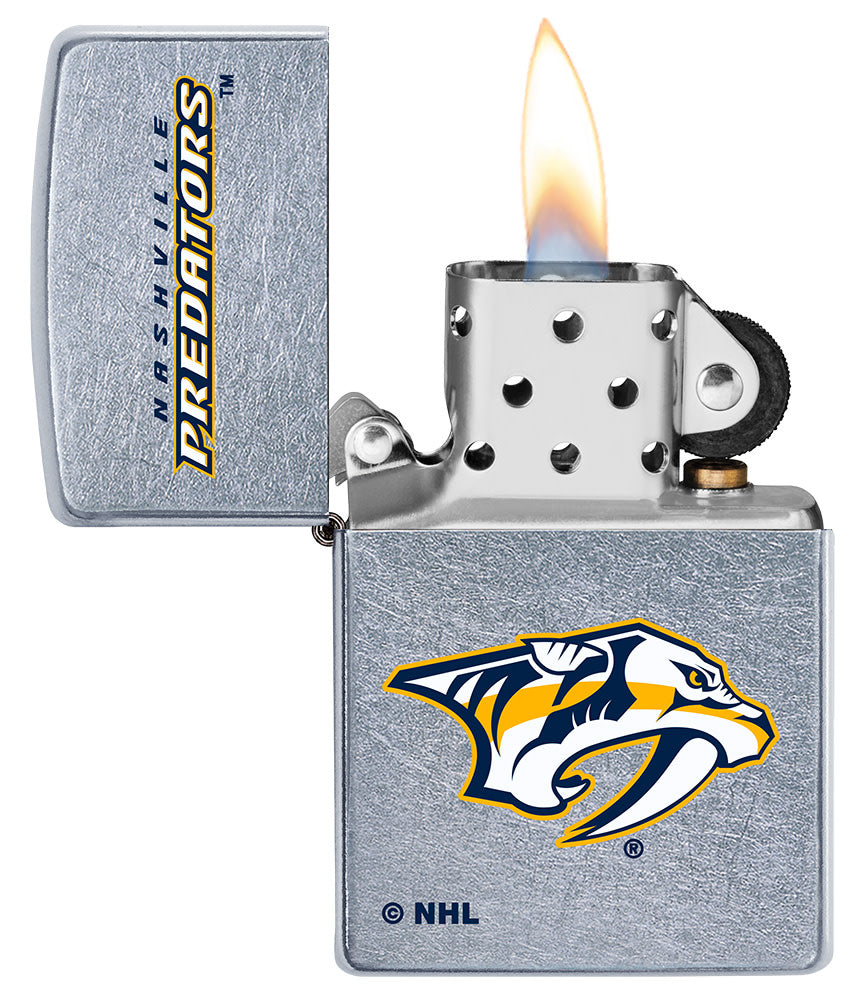 NHL Nashville Predators Street Chrome™ Windproof Lighter with its lid open and lit