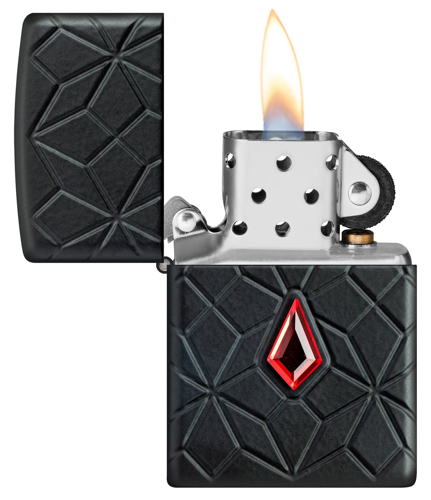 Zippo Crystal Design Armor® Black Matte Windproof Lighter with its lid open and lit.