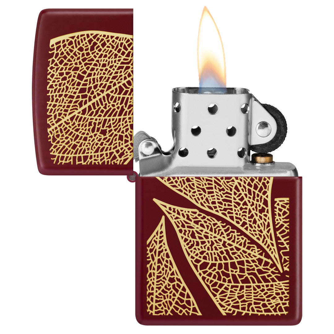 Zippo Fall Leaves SMS Merlot Windproof Pocket Lighter open and lit.