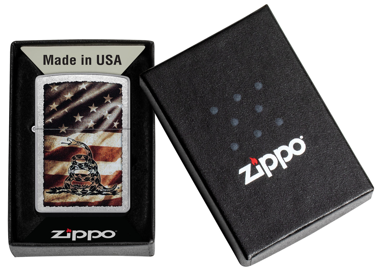 Zippo Dont Tread on Me® Street Chrome Windproof Lighter in its packaging.