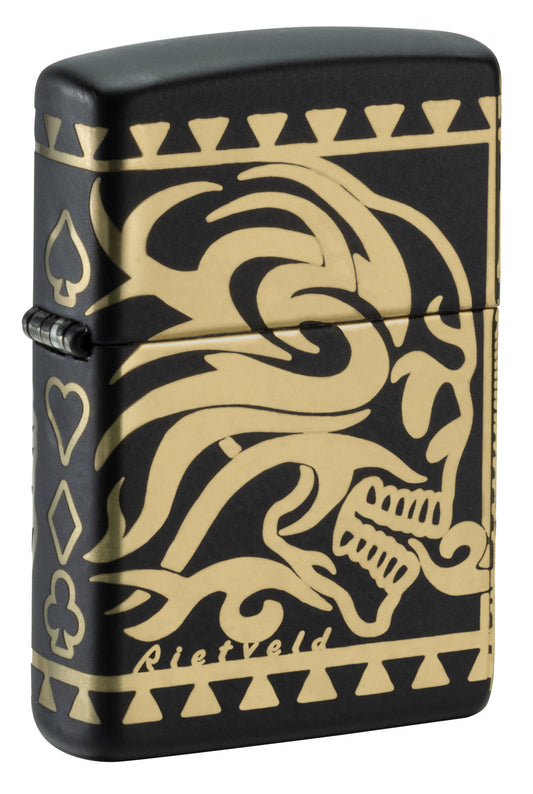 Front shot of Zippo Rick Rietveld Laser 360 Black Matte Windproof Lighter standing at a 3/4 angle.