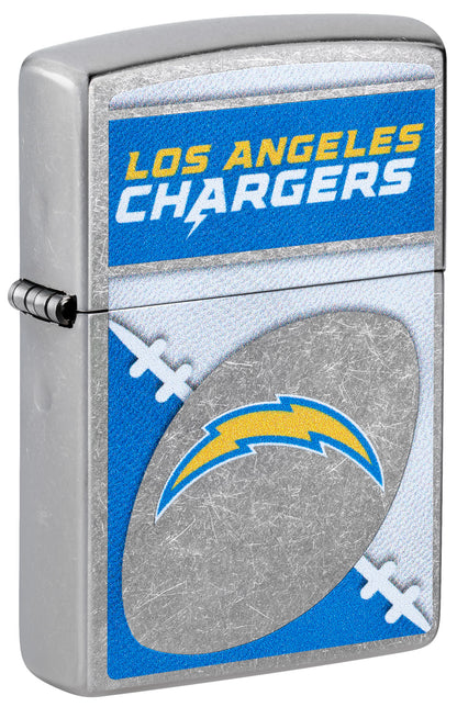 Front shot of Zippo NFL Los Angeles Chargers Street Chrome Windproof Lighter standing at a 3/4 angle.