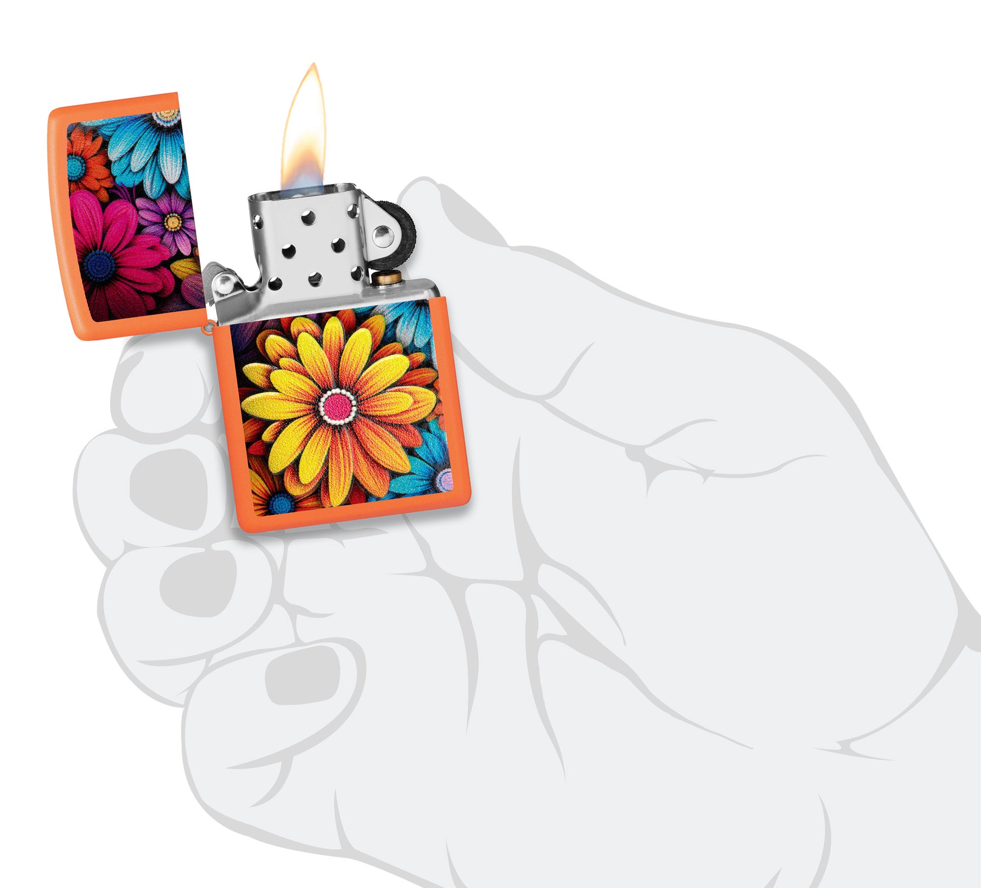 Zippo Flowers Design Orange Matte Windproof Lighter lit in hand.