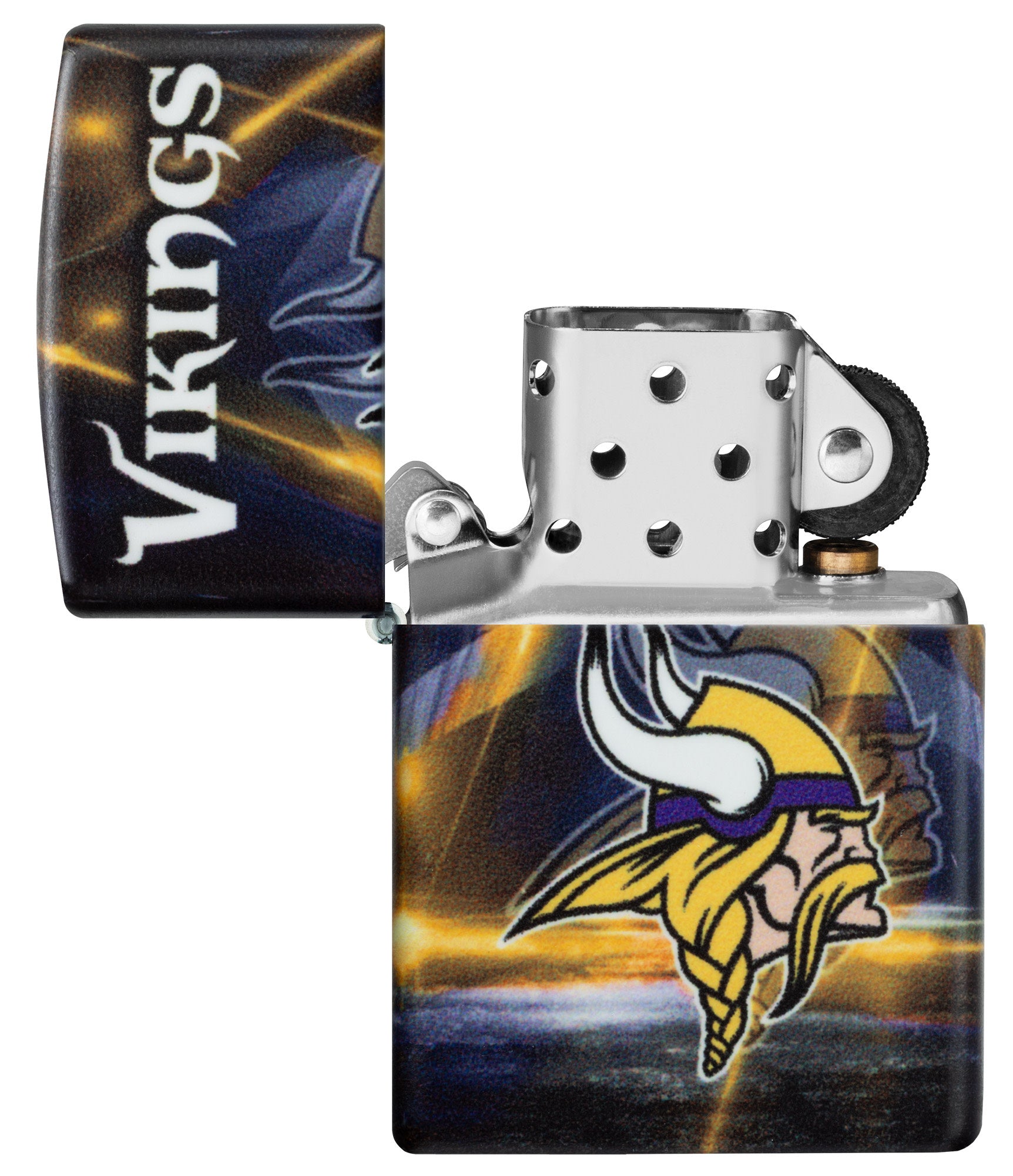 Zippo NFL Minnesota Vikings 540 Matte Windproof Lighter with its lid open and unlit.