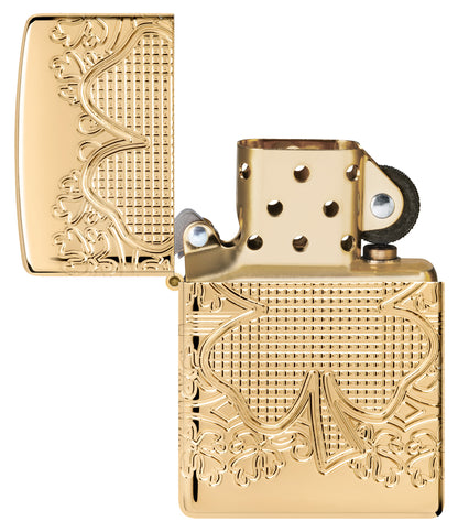 Zippo Lucky Clover Design Armor® High Polish Gold Plate Windproof Lighter with its lid open and unlit.