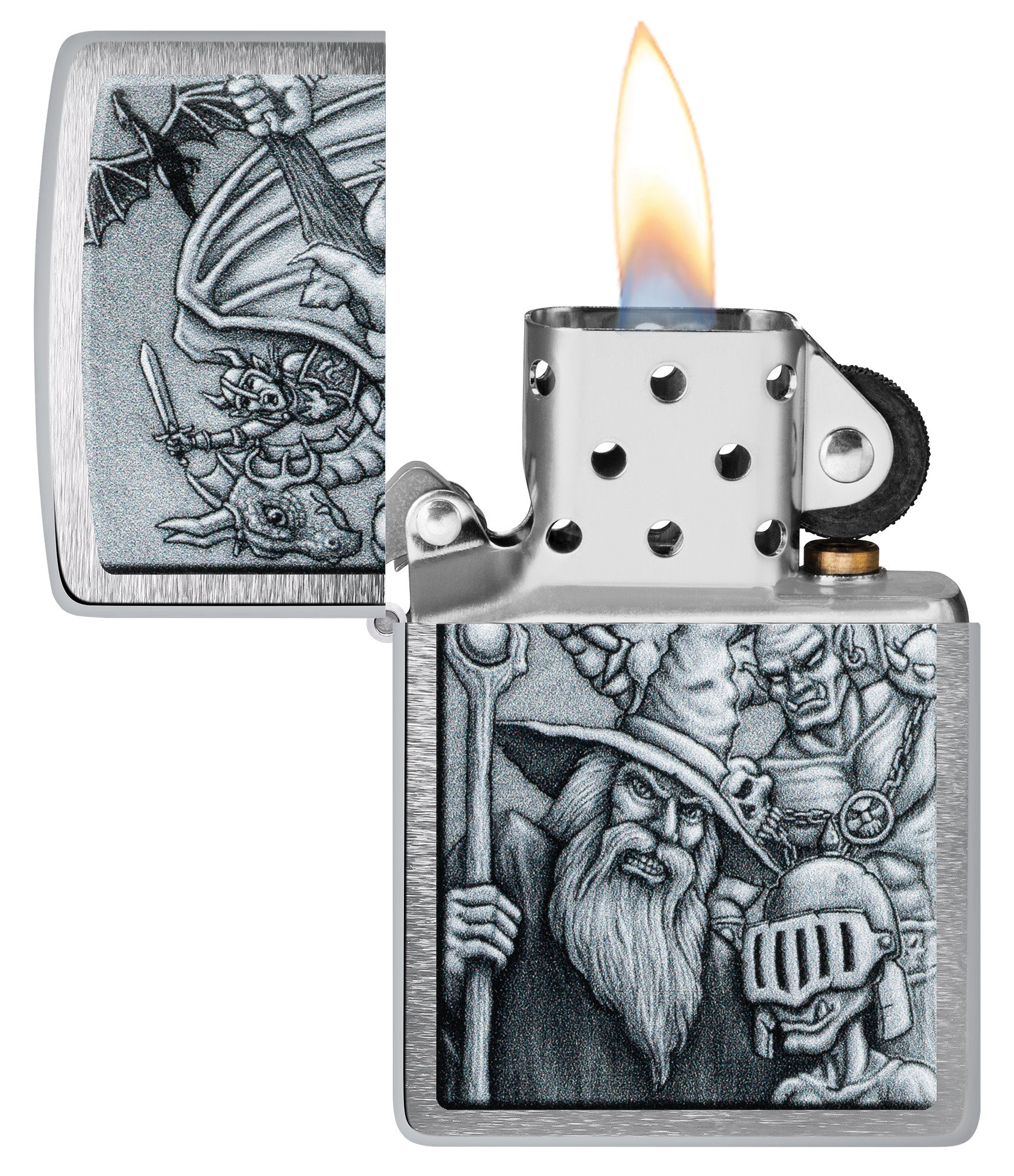 Zippo Mystical Beings Design Brushed Chrome Windproof Lighter with its lid open and lit.