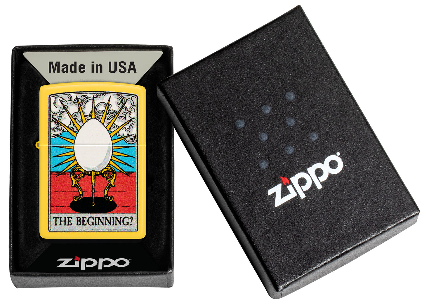 Zippo Which Came First? Design Sunflower Yellow Matte Windproof Lighter in its packaging.