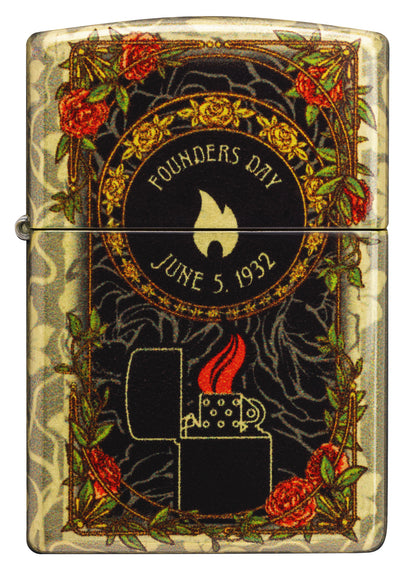 Front view of Zippo 2025 Founder's Day Collectible 540 Tumbled Brass Windproof Lighter.