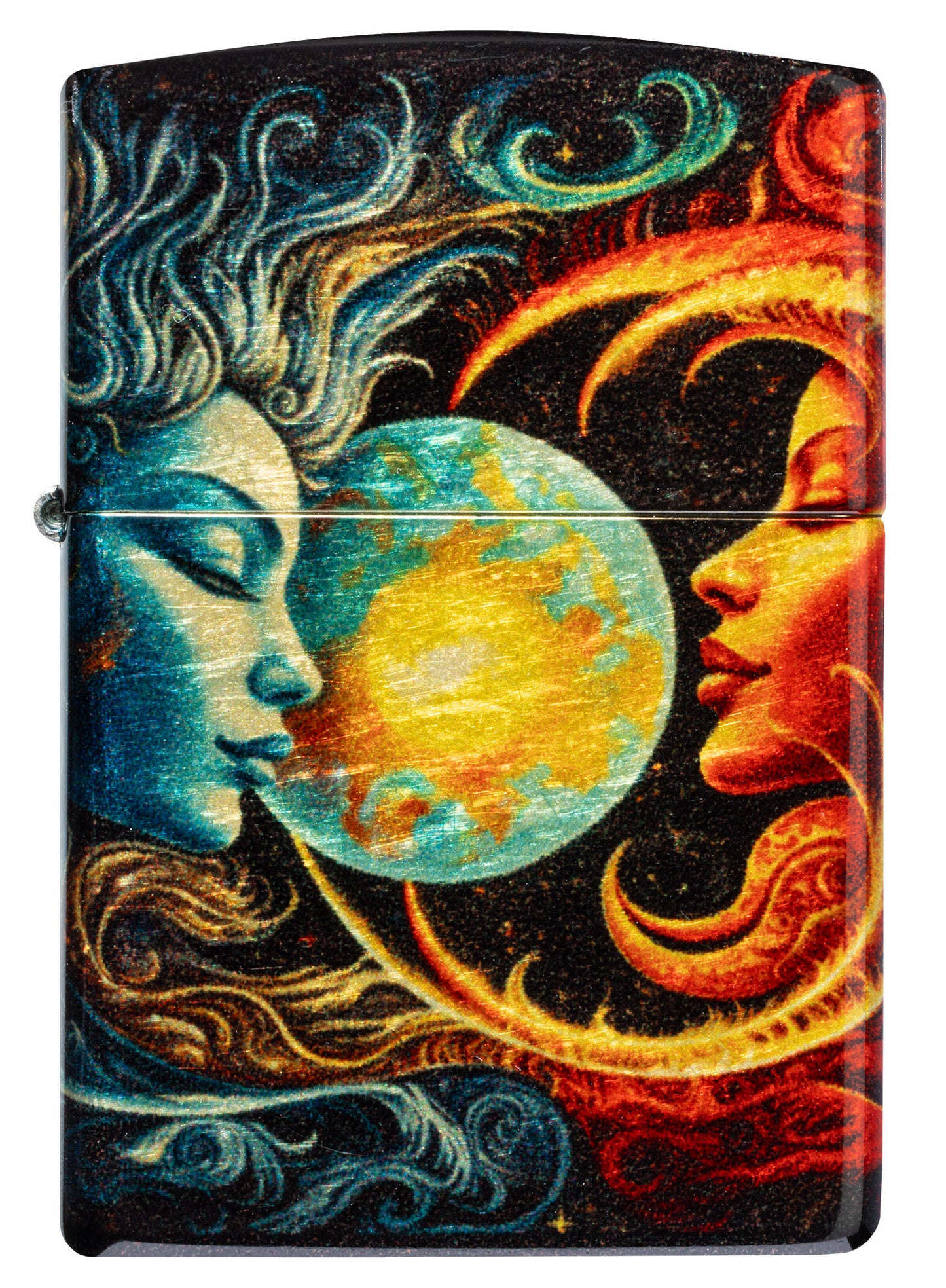 Front view of Zippo Sun and Moon Design 540 Tumbled Brass Windproof Lighter.