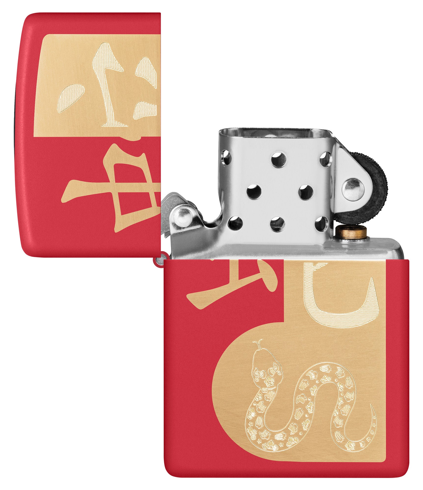 Zippo Year of the Snake 2025 Red Matte Windproof Lighter with its lid open and unlit.