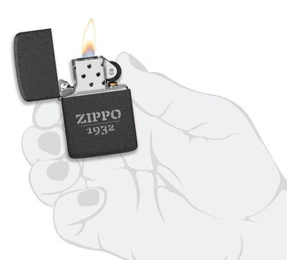 Zippo Design 1941 Replica Black Crackle® Windproof Lighter lit in hand.