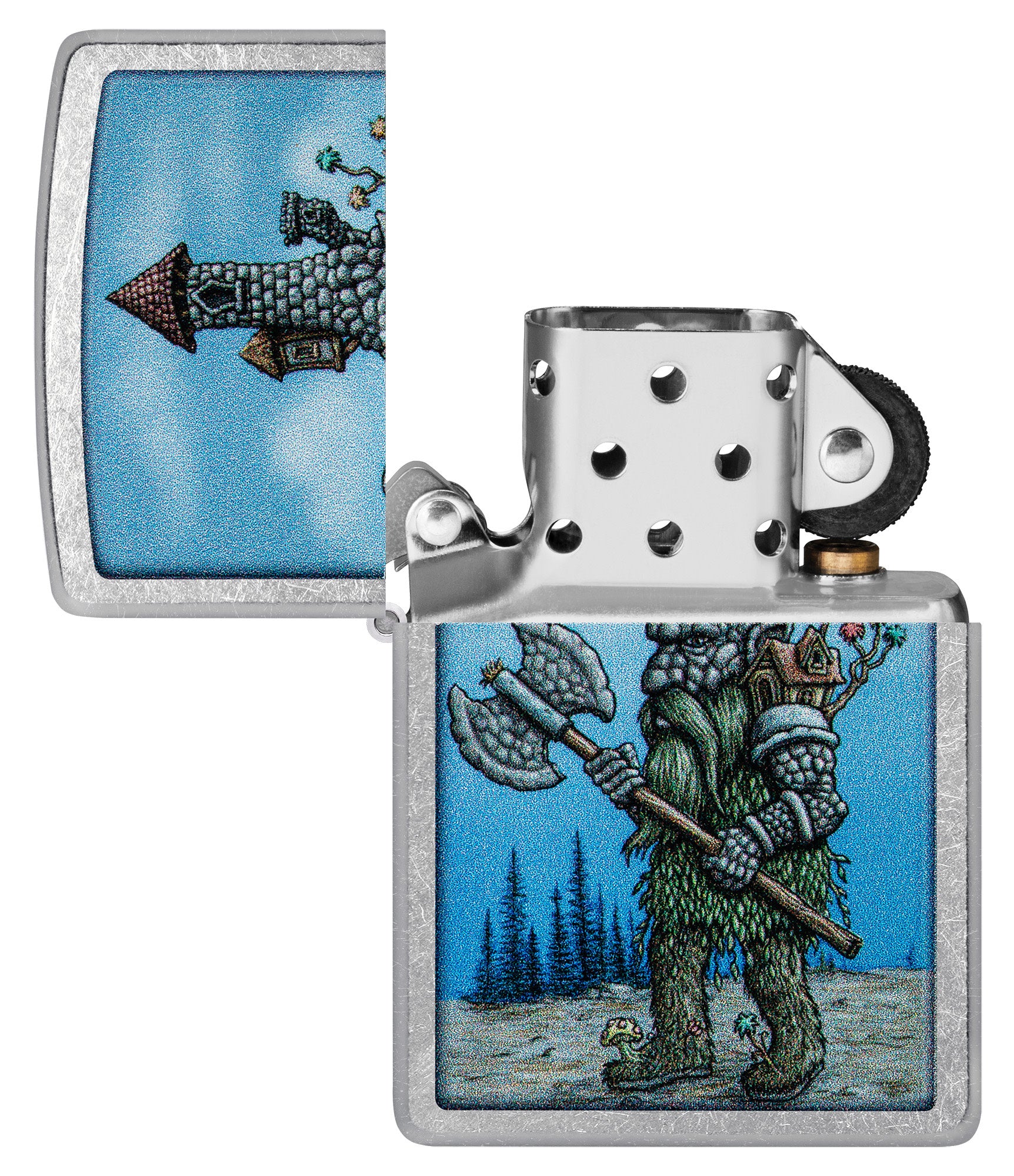 Zippo Castle Troll Design Street Chrome Windproof Lighter with its lid open and unlit.