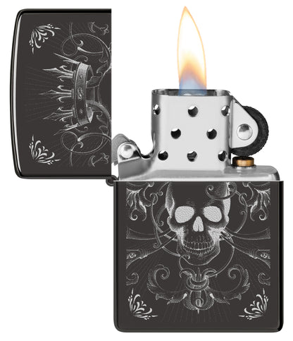 Zippo Royal Skull Design High Polish Black Windproof Lighter with its lid open and lit.