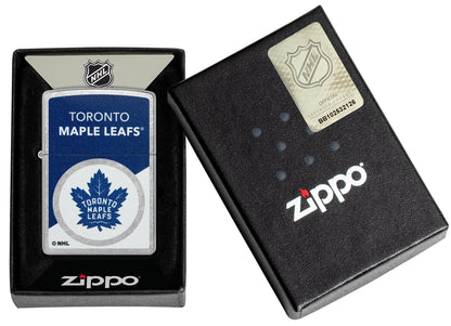 Zippo NHL® Toronto Maple Leafs® 2024 Street Chrome™ Windproof Lighter in its packaging.